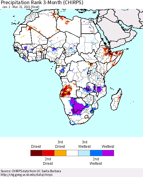 Africa Precipitation Rank since 1981, 3-Month (CHIRPS) Thematic Map For 1/1/2021 - 3/31/2021
