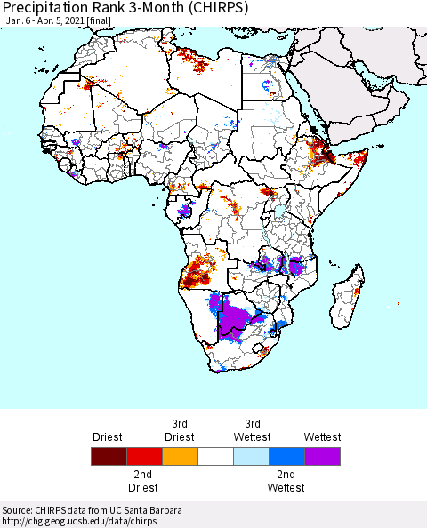 Africa Precipitation Rank 3-Month (CHIRPS) Thematic Map For 1/6/2021 - 4/5/2021
