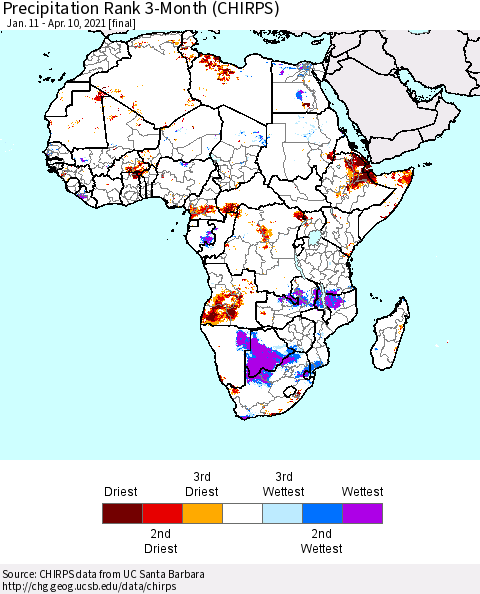 Africa Precipitation Rank 3-Month (CHIRPS) Thematic Map For 1/11/2021 - 4/10/2021