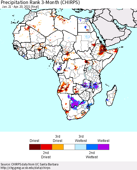 Africa Precipitation Rank 3-Month (CHIRPS) Thematic Map For 1/21/2021 - 4/20/2021