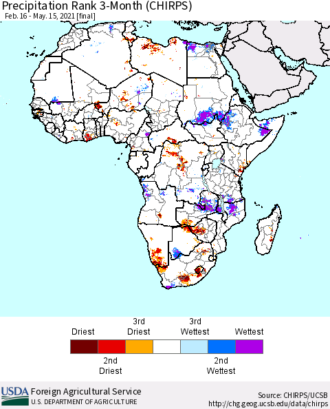 Africa Precipitation Rank 3-Month (CHIRPS) Thematic Map For 2/16/2021 - 5/15/2021