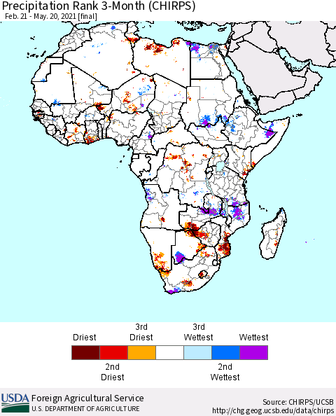 Africa Precipitation Rank 3-Month (CHIRPS) Thematic Map For 2/21/2021 - 5/20/2021