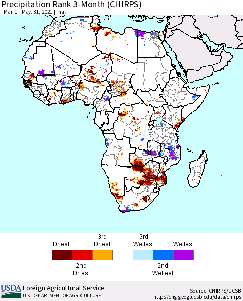Africa Precipitation Rank 3-Month (CHIRPS) Thematic Map For 3/1/2021 - 5/31/2021
