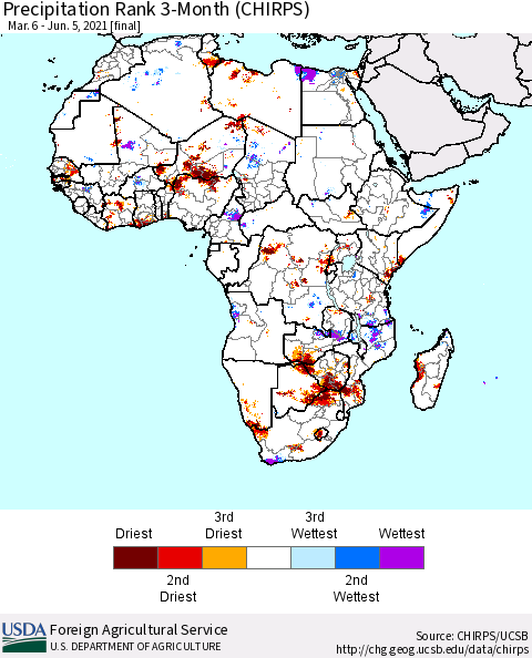 Africa Precipitation Rank since 1981, 3-Month (CHIRPS) Thematic Map For 3/6/2021 - 6/5/2021