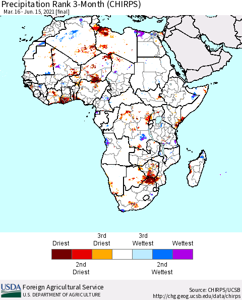 Africa Precipitation Rank 3-Month (CHIRPS) Thematic Map For 3/16/2021 - 6/15/2021