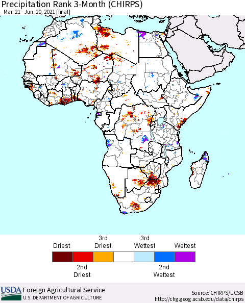 Africa Precipitation Rank since 1981, 3-Month (CHIRPS) Thematic Map For 3/21/2021 - 6/20/2021