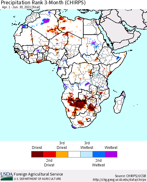 Africa Precipitation Rank 3-Month (CHIRPS) Thematic Map For 4/1/2021 - 6/30/2021