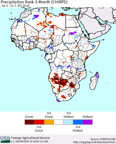 Africa Precipitation Rank 3-Month (CHIRPS) Thematic Map For 4/6/2021 - 7/5/2021