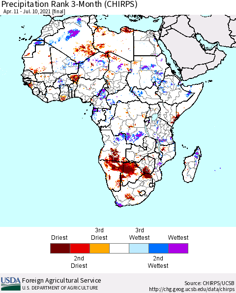Africa Precipitation Rank 3-Month (CHIRPS) Thematic Map For 4/11/2021 - 7/10/2021