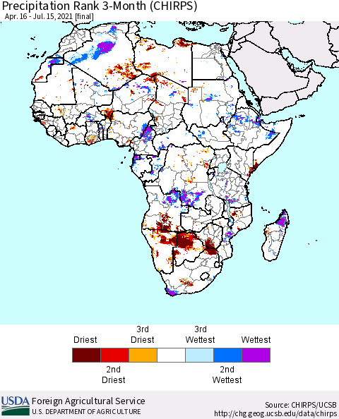 Africa Precipitation Rank since 1981, 3-Month (CHIRPS) Thematic Map For 4/16/2021 - 7/15/2021