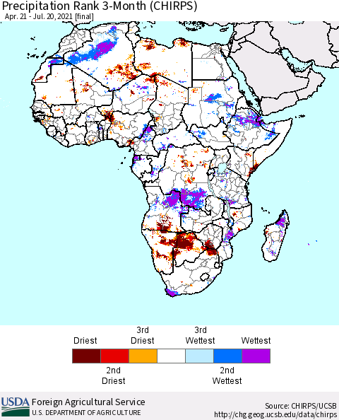 Africa Precipitation Rank 3-Month (CHIRPS) Thematic Map For 4/21/2021 - 7/20/2021