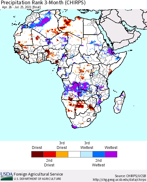Africa Precipitation Rank since 1981, 3-Month (CHIRPS) Thematic Map For 4/26/2021 - 7/25/2021
