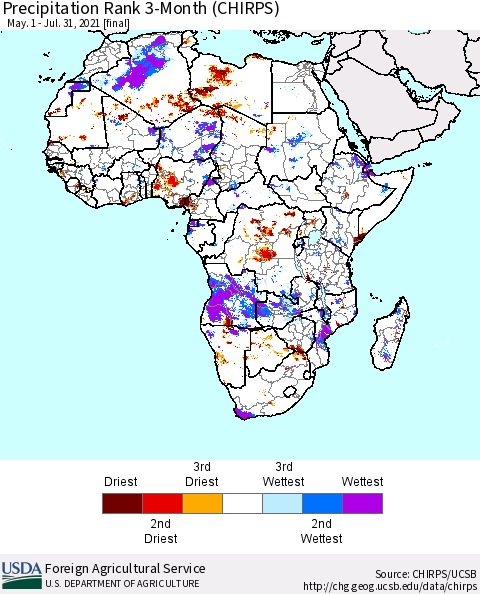 Africa Precipitation Rank 3-Month (CHIRPS) Thematic Map For 5/1/2021 - 7/31/2021