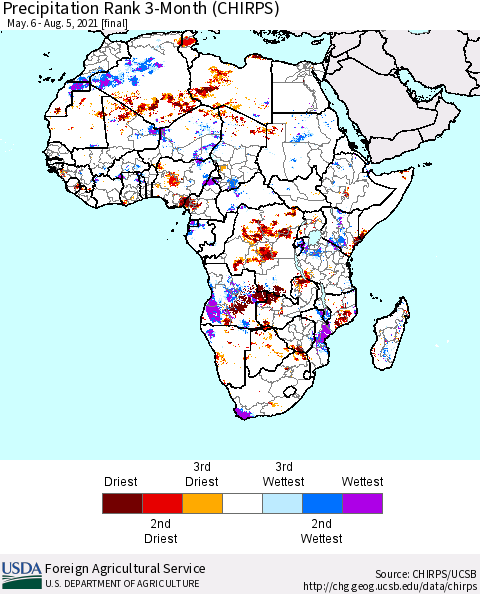 Africa Precipitation Rank 3-Month (CHIRPS) Thematic Map For 5/6/2021 - 8/5/2021