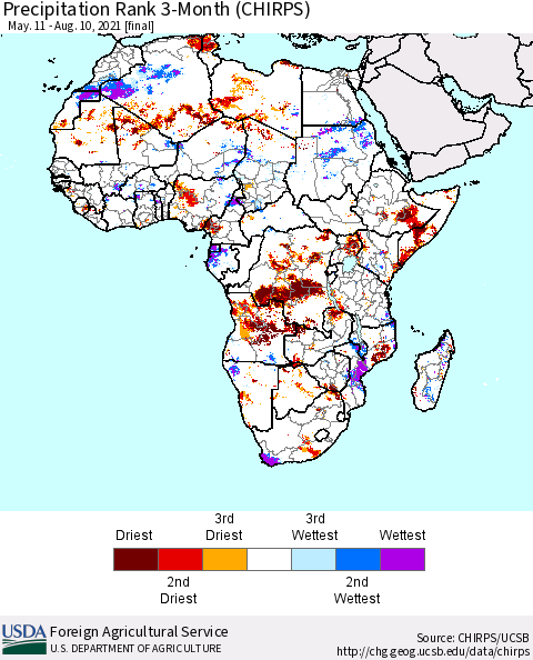 Africa Precipitation Rank since 1981, 3-Month (CHIRPS) Thematic Map For 5/11/2021 - 8/10/2021