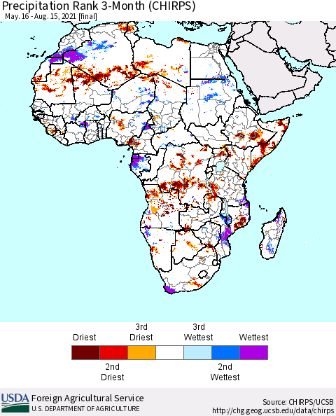 Africa Precipitation Rank since 1981, 3-Month (CHIRPS) Thematic Map For 5/16/2021 - 8/15/2021