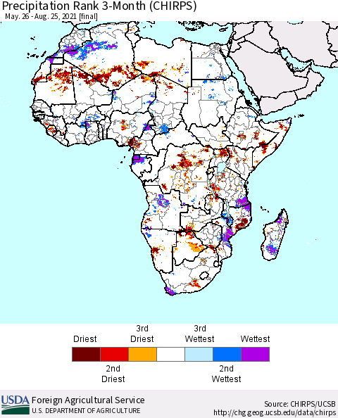 Africa Precipitation Rank 3-Month (CHIRPS) Thematic Map For 5/26/2021 - 8/25/2021