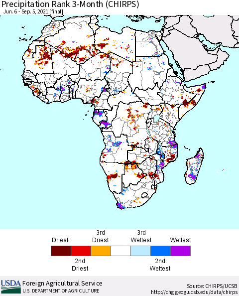 Africa Precipitation Rank 3-Month (CHIRPS) Thematic Map For 6/6/2021 - 9/5/2021