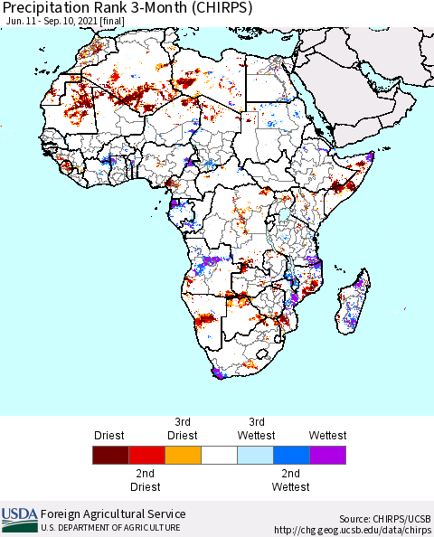 Africa Precipitation Rank 3-Month (CHIRPS) Thematic Map For 6/11/2021 - 9/10/2021
