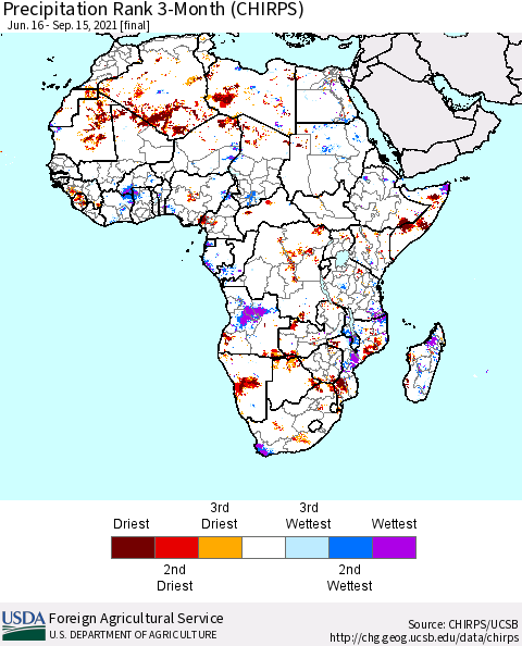 Africa Precipitation Rank 3-Month (CHIRPS) Thematic Map For 6/16/2021 - 9/15/2021