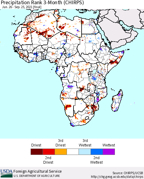 Africa Precipitation Rank since 1981, 3-Month (CHIRPS) Thematic Map For 6/26/2021 - 9/25/2021