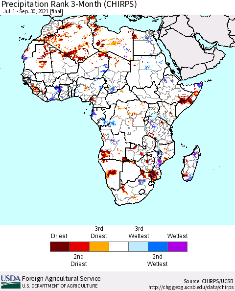 Africa Precipitation Rank since 1981, 3-Month (CHIRPS) Thematic Map For 7/1/2021 - 9/30/2021