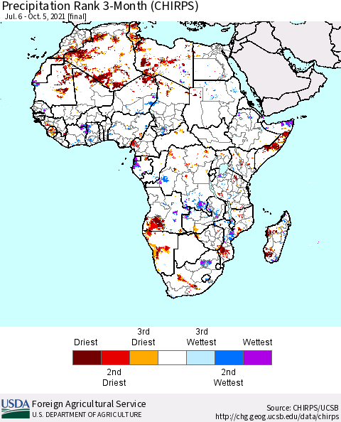 Africa Precipitation Rank since 1981, 3-Month (CHIRPS) Thematic Map For 7/6/2021 - 10/5/2021