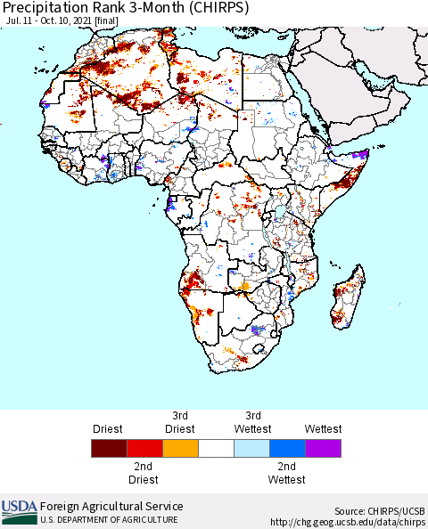 Africa Precipitation Rank 3-Month (CHIRPS) Thematic Map For 7/11/2021 - 10/10/2021