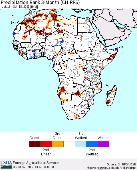 Africa Precipitation Rank 3-Month (CHIRPS) Thematic Map For 7/16/2021 - 10/15/2021