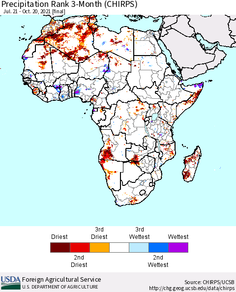 Africa Precipitation Rank since 1981, 3-Month (CHIRPS) Thematic Map For 7/21/2021 - 10/20/2021