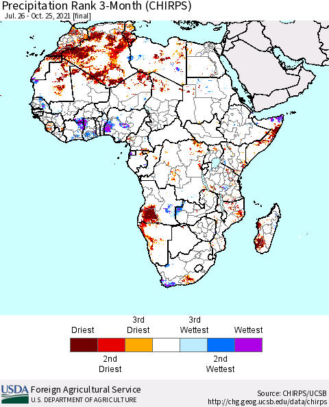 Africa Precipitation Rank since 1981, 3-Month (CHIRPS) Thematic Map For 7/26/2021 - 10/25/2021