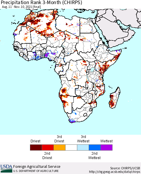 Africa Precipitation Rank 3-Month (CHIRPS) Thematic Map For 8/11/2021 - 11/10/2021