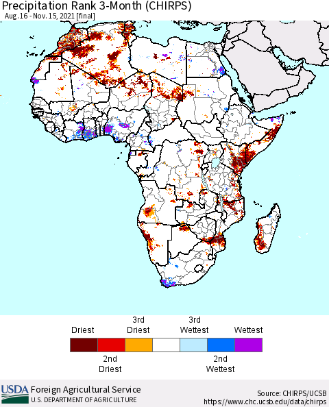Africa Precipitation Rank 3-Month (CHIRPS) Thematic Map For 8/16/2021 - 11/15/2021
