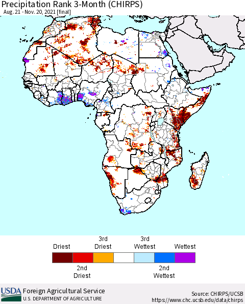 Africa Precipitation Rank 3-Month (CHIRPS) Thematic Map For 8/21/2021 - 11/20/2021