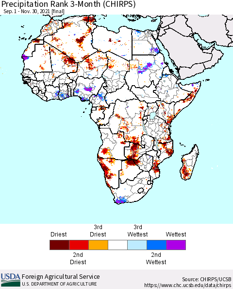Africa Precipitation Rank 3-Month (CHIRPS) Thematic Map For 9/1/2021 - 11/30/2021