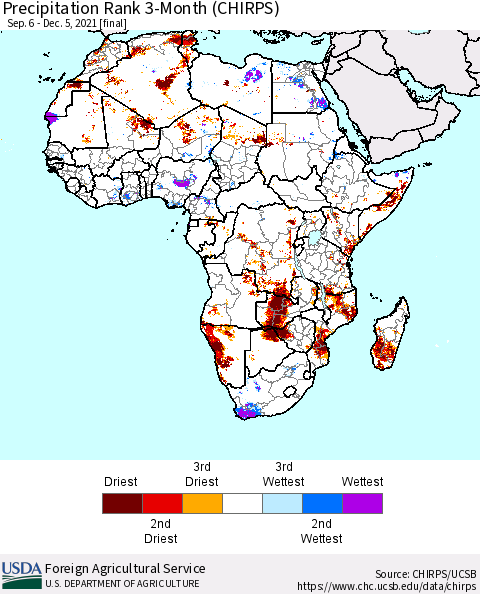 Africa Precipitation Rank 3-Month (CHIRPS) Thematic Map For 9/6/2021 - 12/5/2021