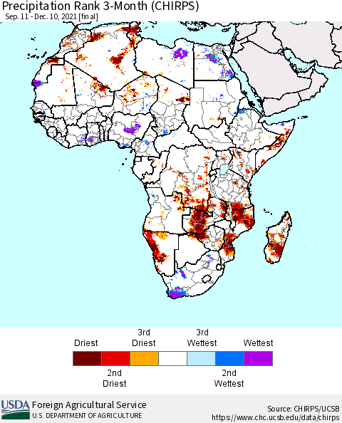 Africa Precipitation Rank since 1981, 3-Month (CHIRPS) Thematic Map For 9/11/2021 - 12/10/2021