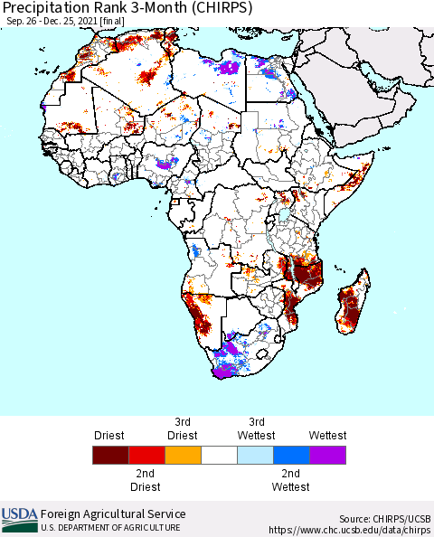 Africa Precipitation Rank since 1981, 3-Month (CHIRPS) Thematic Map For 9/26/2021 - 12/25/2021