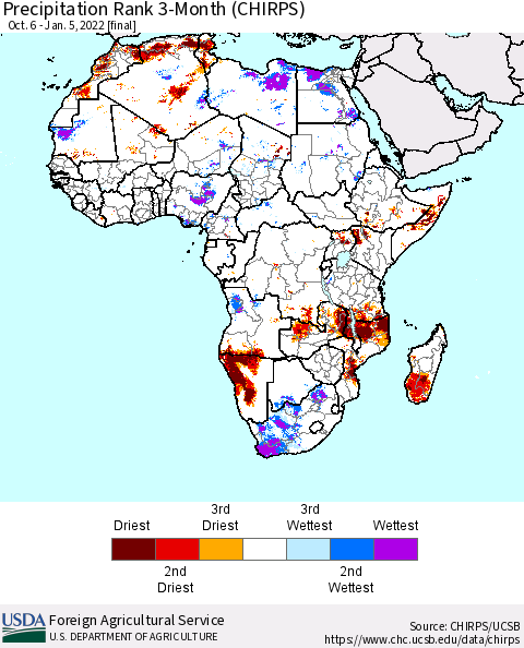Africa Precipitation Rank 3-Month (CHIRPS) Thematic Map For 10/6/2021 - 1/5/2022