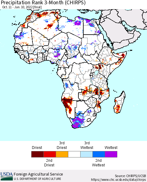 Africa Precipitation Rank since 1981, 3-Month (CHIRPS) Thematic Map For 10/11/2021 - 1/10/2022