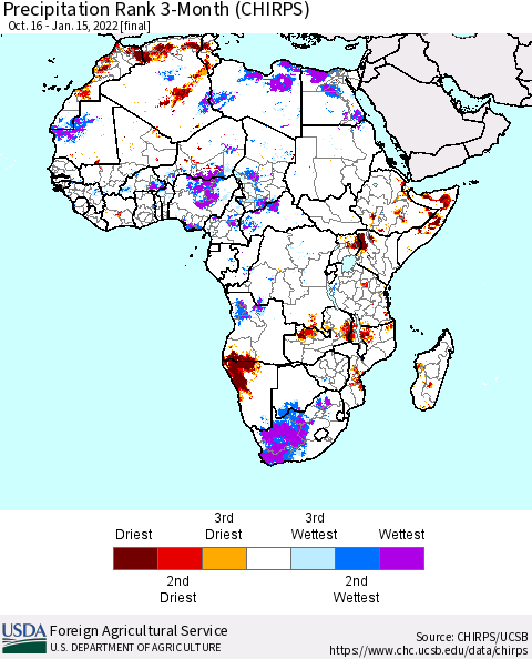 Africa Precipitation Rank 3-Month (CHIRPS) Thematic Map For 10/16/2021 - 1/15/2022