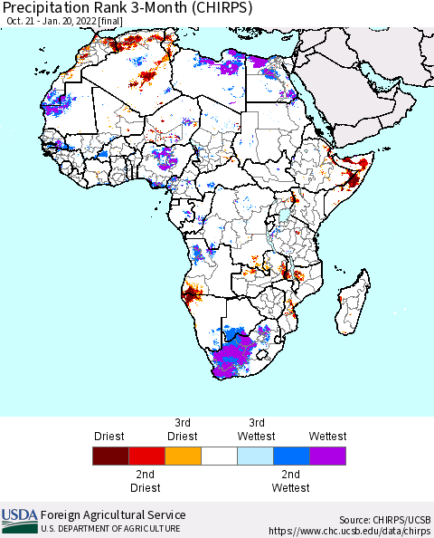 Africa Precipitation Rank 3-Month (CHIRPS) Thematic Map For 10/21/2021 - 1/20/2022