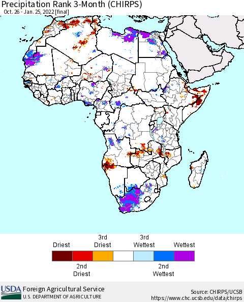 Africa Precipitation Rank 3-Month (CHIRPS) Thematic Map For 10/26/2021 - 1/25/2022