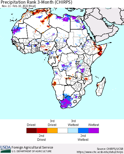 Africa Precipitation Rank 3-Month (CHIRPS) Thematic Map For 11/11/2021 - 2/10/2022