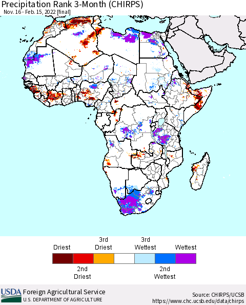 Africa Precipitation Rank 3-Month (CHIRPS) Thematic Map For 11/16/2021 - 2/15/2022