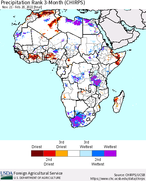 Africa Precipitation Rank 3-Month (CHIRPS) Thematic Map For 11/21/2021 - 2/20/2022