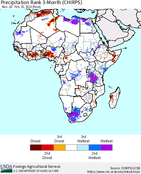 Africa Precipitation Rank 3-Month (CHIRPS) Thematic Map For 11/26/2021 - 2/25/2022