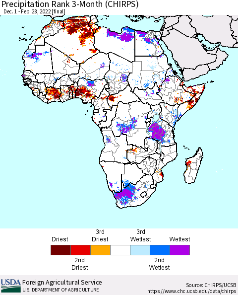 Africa Precipitation Rank since 1981, 3-Month (CHIRPS) Thematic Map For 12/1/2021 - 2/28/2022