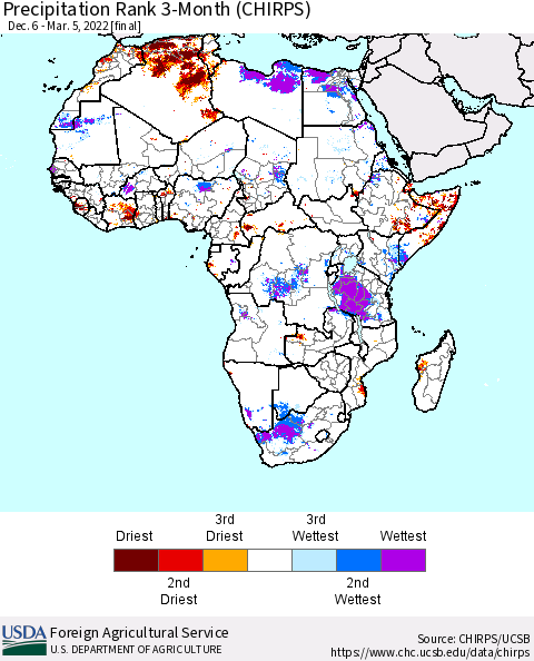 Africa Precipitation Rank 3-Month (CHIRPS) Thematic Map For 12/6/2021 - 3/5/2022