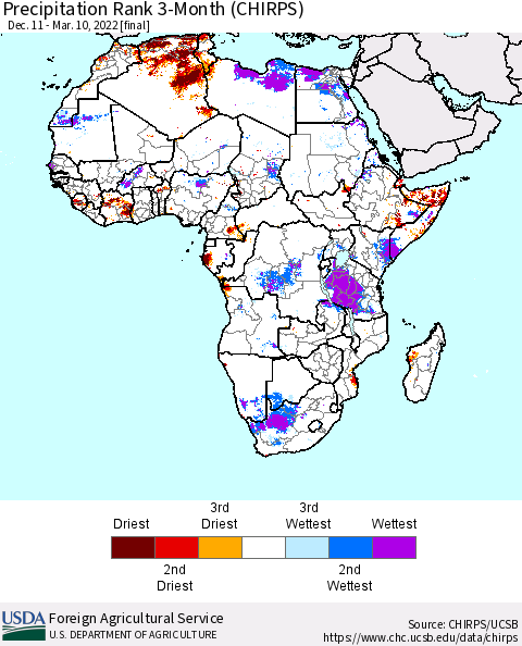 Africa Precipitation Rank 3-Month (CHIRPS) Thematic Map For 12/11/2021 - 3/10/2022